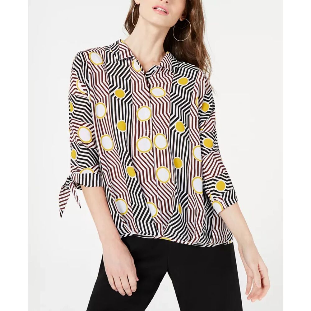 Alfani Geometric-Print Blouse White / Black / Burgundy / Yellow Gold Size XL